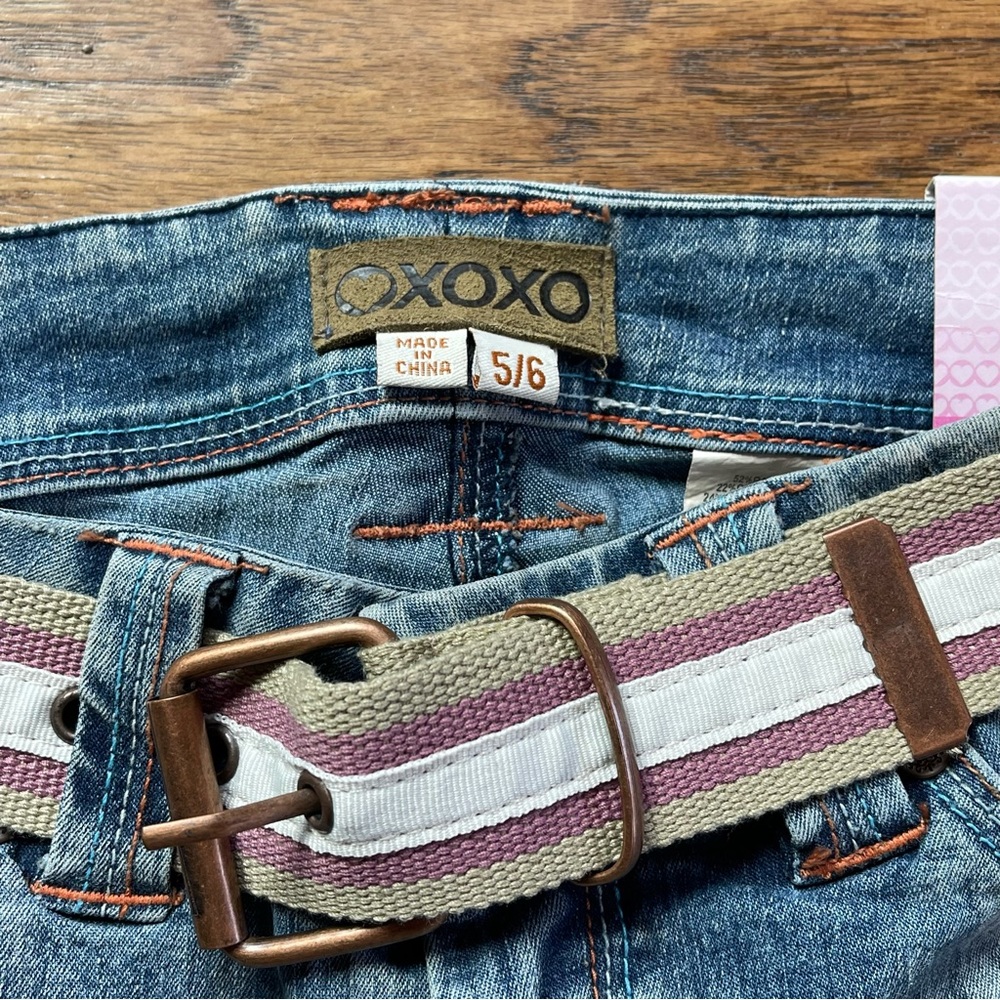 Y2K XOXO low rise bootcut blue jeans w/adorable pink white & tan belt size 5/6 - Picture 5 of 12